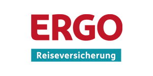 Logo der ERGO Reiseversicherung mit rotem Schriftzug und blauem Hintergrund.