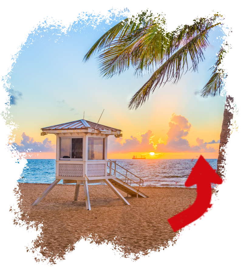 Tropische Strandhütte am Meer mit Palmen und goldenem Sonnenuntergang, rote Pfeilmarkierung im Vordergrund für Kursrichtung.