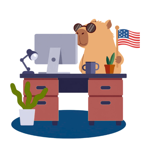 Braune Capibara USA sitzt am Schreibtisch mit Computerbildschirm, Tasse und US-Flagge, daneben Pflanze und Schubladenstapel, passend zu Jobs bei USA-Reisen Experte.