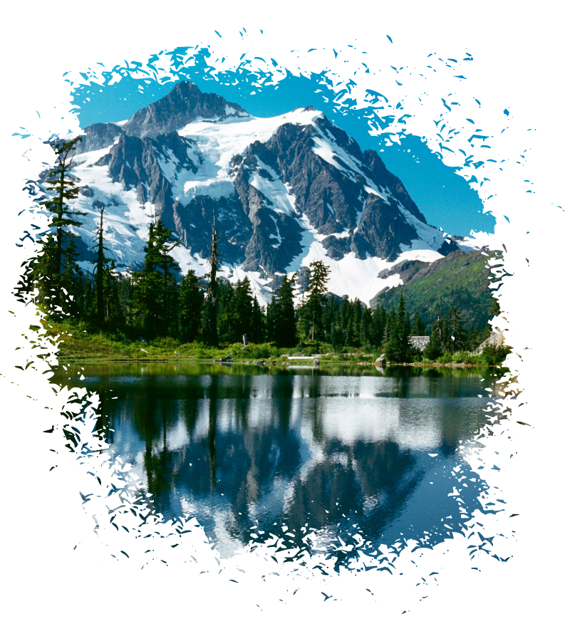 Westkanada mit schneebedeckten Bergen, grünem Wald und klarem, blauem See vor der Kulisse von Vancouver und Edmonton.