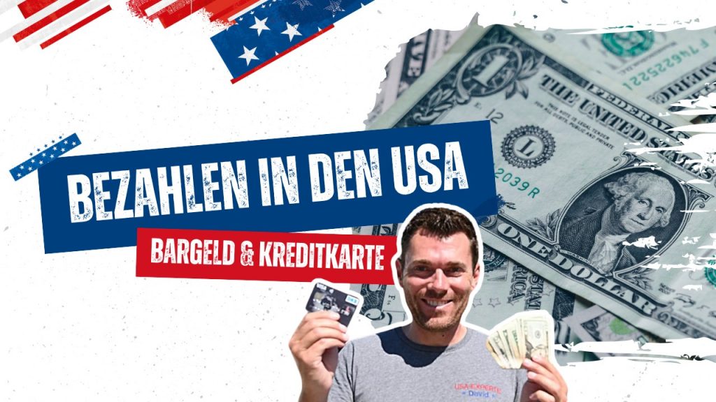Beim Bezahlen in den USA zeigt David Bargeld und Kreditkarte vor US-Dollar und verweist auf den Einsatz von Karte und Cash auf Reisen.