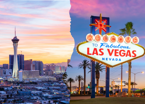 Bei Sonnenuntergang treffen Las Vegas Strip und Welcome-Schild aufeinander, ergänzt durch 1.000 M Möglichkeiten voller Glanz.