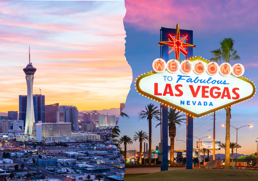 Bei Sonnenuntergang treffen Las Vegas Strip und Welcome-Schild aufeinander, ergänzt durch 1.000 M Möglichkeiten voller Glanz.
