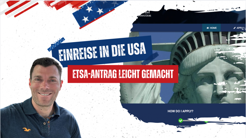 Ein lächelnder Mann steht vor einer USA-Grafik mit Freiheitsstatue und den Schriftzügen „Einreise in die USA“ sowie „ESTA-Antrag leicht gemacht“.