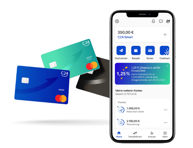 C24 Smart Mastercard mit blauer und grüner Debitkarte neben der App-Ansicht auf dem Smartphone für Zahlungen in den USA.