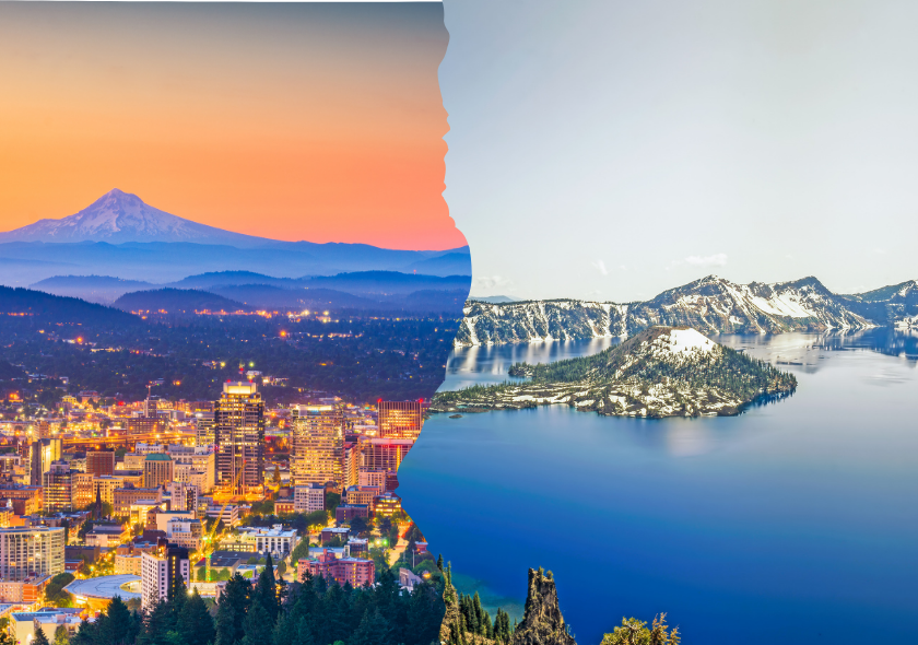 Stadtlichter von Portland vor Bergpanorama neben dem azurblauen Crater Lake in Oregons abwechslungsreicher Landschaft