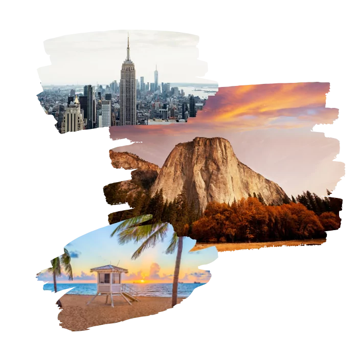 Amerikanische Reiseimpressionen verbinden New York mit Yosemite und einem Strand bei Sonnenuntergang und wecken Lust auf den USA Newsletter.