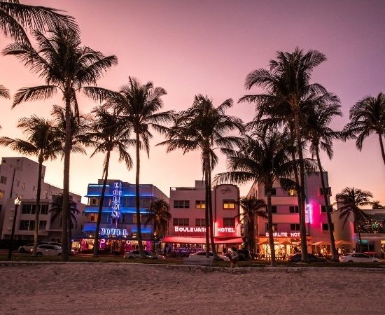 Am Ocean Drive in Miami leuchten Hotels und Neonlichter unter Palmen im Abendlicht, während der Himmel über dem Strand rosa verfärbt ist.