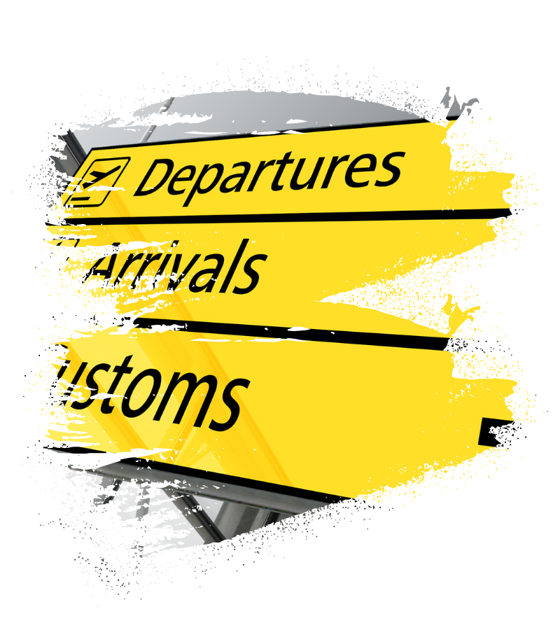 Ein gelbes Flughafenschild mit den Angaben Departures, Arrivals und Customs verweist auf die US-Einreise und das ESTA-Verfahren am Flughafen.
