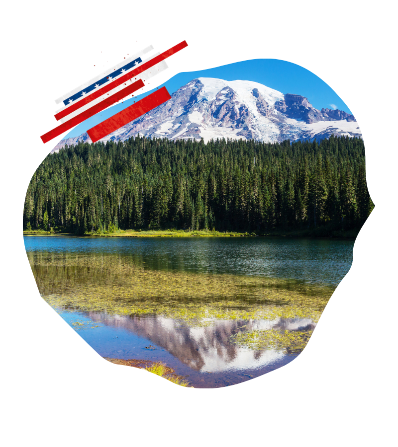 Im Mount Rainier Nationalpark spiegelt sich der schneebedeckte Gipfel über stillem Wasser, während dichte Nadelwälder die Uferlinie prägen.