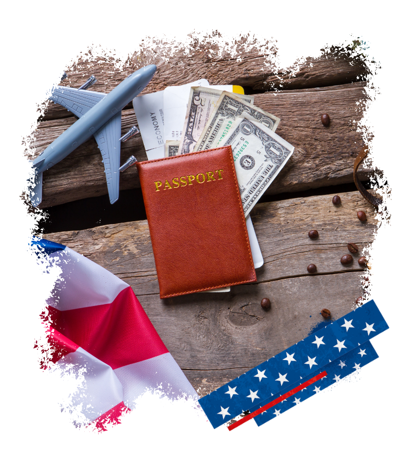 Für die USA-Reise liegen Reisepass, Dollar, Bordkarte und ein Flugzeugmodell auf Holz, ergänzt durch USA- und Deutschland-Flaggen.