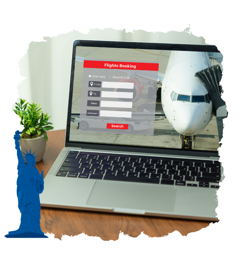 Vor einem geöffneten Laptop mit Flights Booking ist ein Flugzeug am Gate zu sehen, passend zum Online-Check-in für USA-Reisen und Sitzplatzwahl.