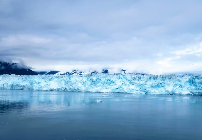 Eine breite blauweiße Gletscherfront liegt still vor dunklen Bergen und spiegelt sich im ruhigen Fjordwasser.