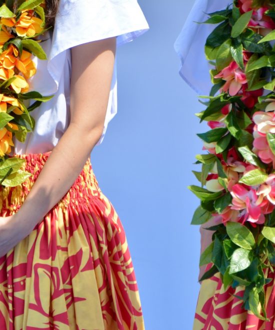 Zwei Hula-Tänzerinnen tragen bunte Blumenkränze, weiße Oberteile und farbenfrohe Röcke vor blauem Himmel.