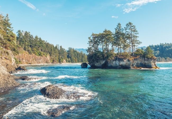 Türkisblaues Wasser umspült eine felsige Küste mit bewaldeter Landzunge und kleinen Inseln im Pacific Northwest.