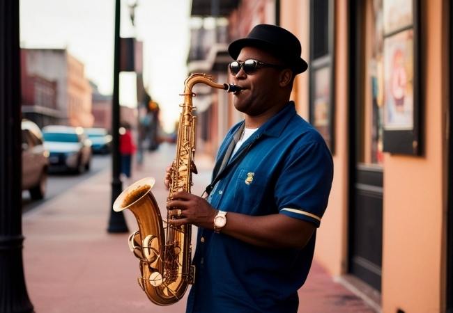 Ein Musiker mit schwarzem Hut und Sonnenbrille spielt auf der Straße ein Saxofon vor einem Stadthaus in Texas.
