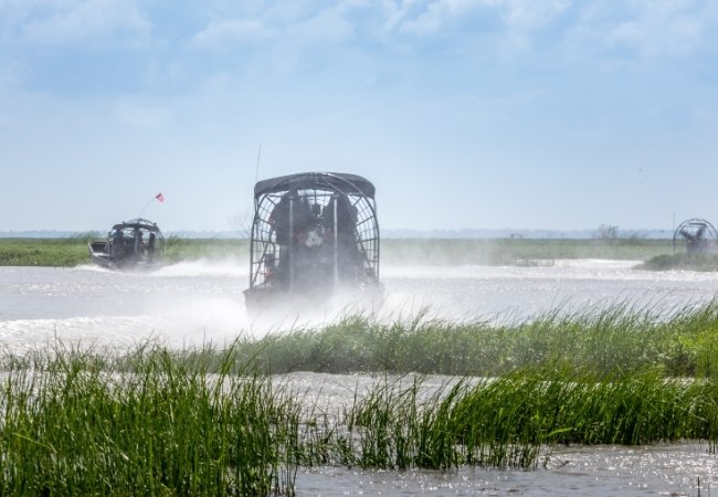 Mehrere Airboats jagen durch die flachen Everglades und wirbeln Wasser auf, während das Gras im Vordergrund die Sumpflandschaft rahmt.