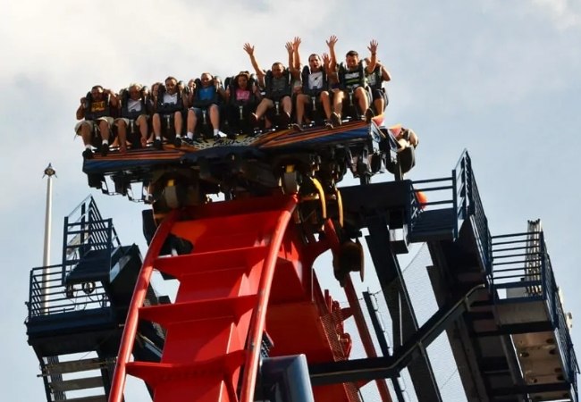 In Busch Gardens Tampa sausen Fahrgäste auf einer Achterbahn mit roter Schiene, während die vordere Reihe begeistert die Arme hochreißt.