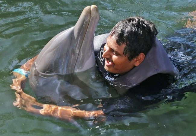 Ein Mann im Neoprenanzug lächelt in ruhigem Wasser der Florida Keys, während ein Delfin dicht an ihm schwimmt und seine Flosse anhebt.