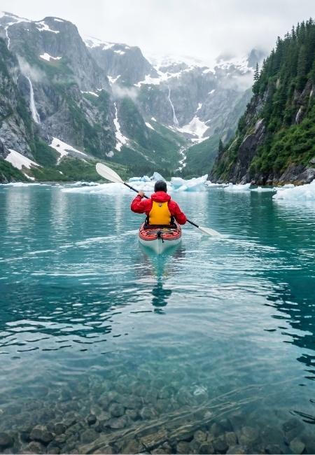 Eine Person paddelt im Kajak durch türkisfarbenes Wasser zwischen steilen Felswänden und Schneebergen.