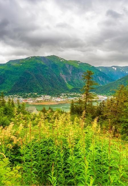 Vor grünen Bergen und dichtem Wald liegt Juneau am Wasser unter einem schweren, grauen Wolkenhimmel.