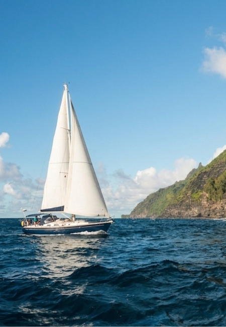 Vor der Nā Pali Coast auf Kauaʻi segelt ein weißes Boot über tiefblaues Meer entlang der grünen Steilküste.