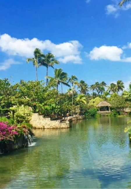 Im Polynesian Cultural Center in Hawaii spiegeln sich Palmen und üppiges Grün in einer ruhigen Lagune.
