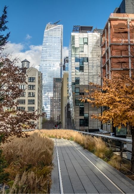 Entlang der High Line in New York führt ein erhöhter Weg zwischen modernen Gebäuden und herbstlichem Laub auf die Skyline zu.