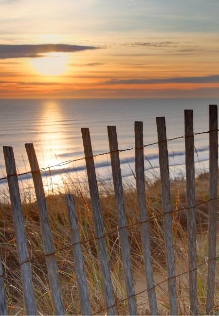 Vor einem verwitterten Holzzaun stehen Strandgräser, dahinter leuchtet die Sonne über dem ruhigen Atlantik bei Cape Cod.