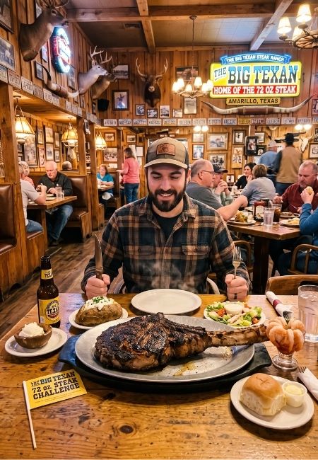 Ein Mann sitzt vor einem großen Steak-Teller im Big Texan in Amarillo, Texas, mit der 72-oz-Steak-Challenge auf dem Tisch.