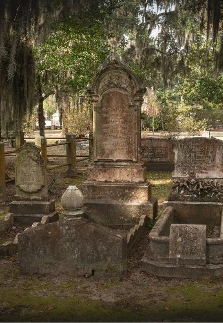 Zwischen moosbehangenen Bäumen stehen verwitterte Grabmäler im Bonaventure Cemetery in Savannah.