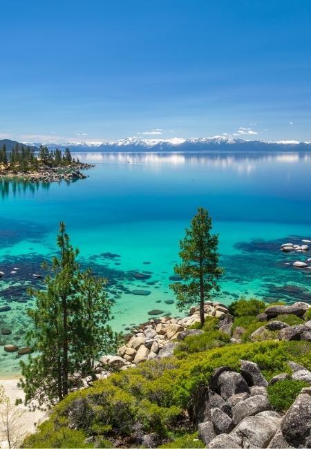 Der türkisfarbene See Lake Tahoe liegt vor schneebedeckten Bergen, mit Kiefern und Felsen am Ufer.