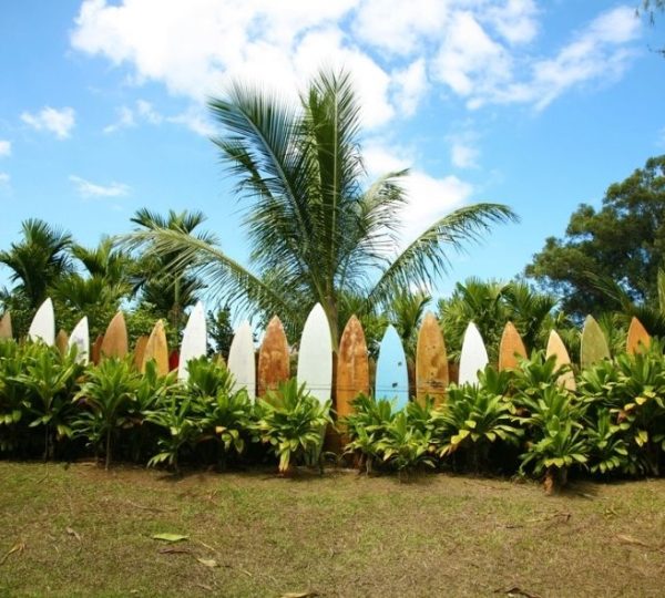Tropischer Garten mit Palmen und bunten Surfbrett-Zäunen auf Hawaii während der Kreuzfahrt mit der Pride of America