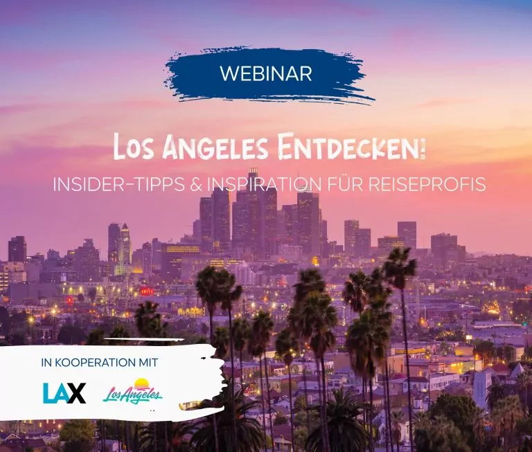 Los Angeles im Abendlicht mit Palmen, dazu die Texte „WEBINAR“ und „Insider-Tipps & Inspiration für Reiseprofis“.