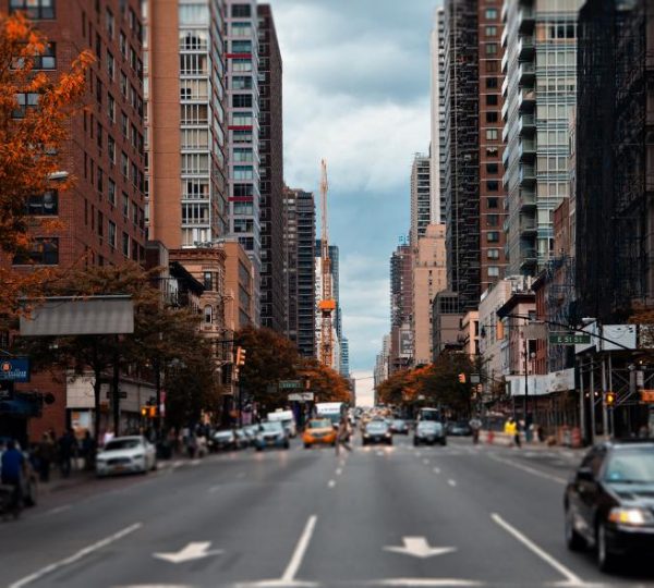 Breite New Yorker Straße mit Hochhäusern, Herbstbäumen, dichtem Verkehr und markierten Fahrspuren unter bewölktem Himmel