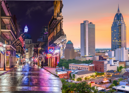 Eine regennasse Bourbon Street in New Orleans trifft auf die Skyline von Mobile mit dem markanten RSA Battle House Tower.