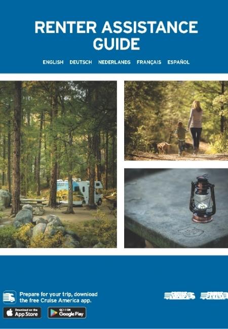 Das mehrsprachige Cruise America Renter Assistance Guide zeigt auf dem Cover Camper im Wald, eine Wanderung und eine Laterne.