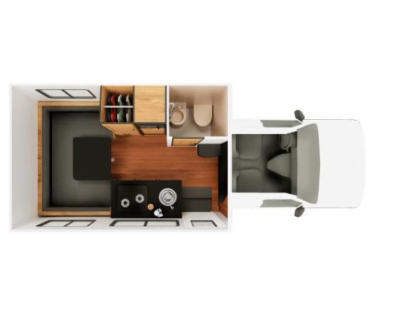 Der Grundriss des Cruise America 21' Compact Plus zeigt Schlafbereich, Küchenzeile und Fahrerhaus für bis zu vier Personen.