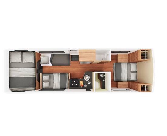 Zu sehen ist der Grundriss eines Cruise America 30' Large mit drei Schlafbereichen, Küche und Sitzbereich.