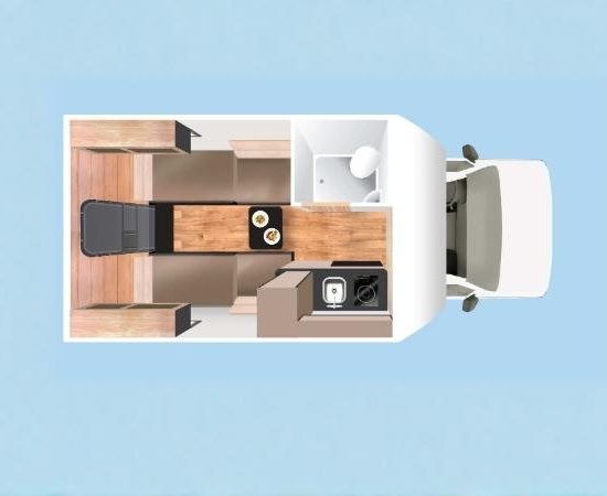 Von oben gezeigter Grundriss eines Cruise America Ultra Compact mit Bett, Küche und Bad für zwei Personen.