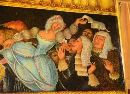 Bunte historische Bühnenmalerei mit elegant gekleideten Figuren im Amargosa Opera House bei Death Valley Junction