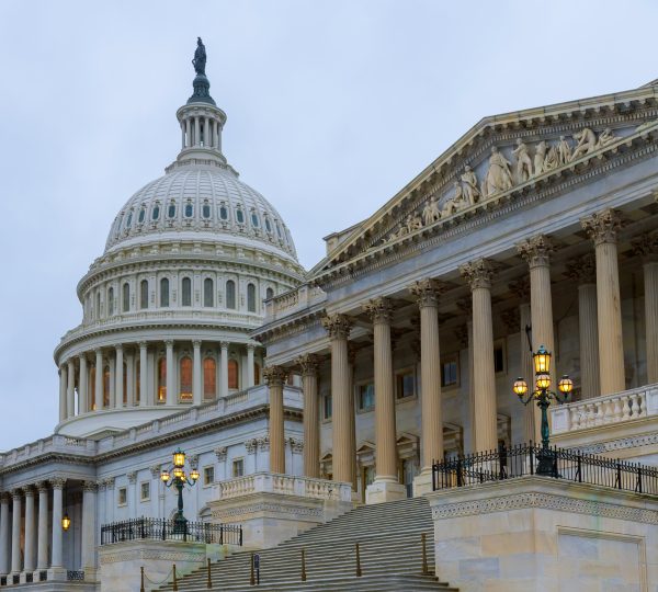 Die weiße Kuppel und die Säulenfassade des US-Kapitols erheben sich über der breiten Freitreppe in Washington, D.C.