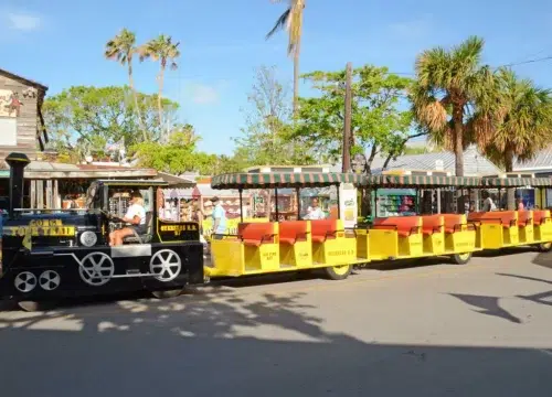 Bunter Old Town Trolley mit offenen Wagen fährt durch Key West unter Palmen und blauem Himmel in Florida.
